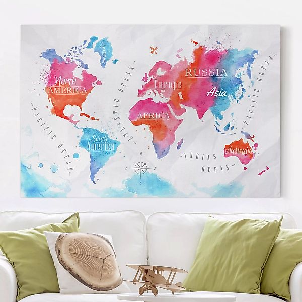 Leinwandbild Weltkarte - Querformat Weltkarte Aquarell rot blau günstig online kaufen