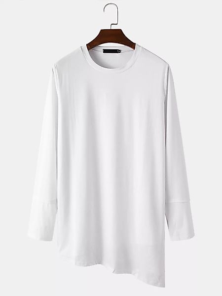 Herren Basic Solid Irregular Hem Baumwolle Langarm T-Shirt mit Rundhalsauss günstig online kaufen