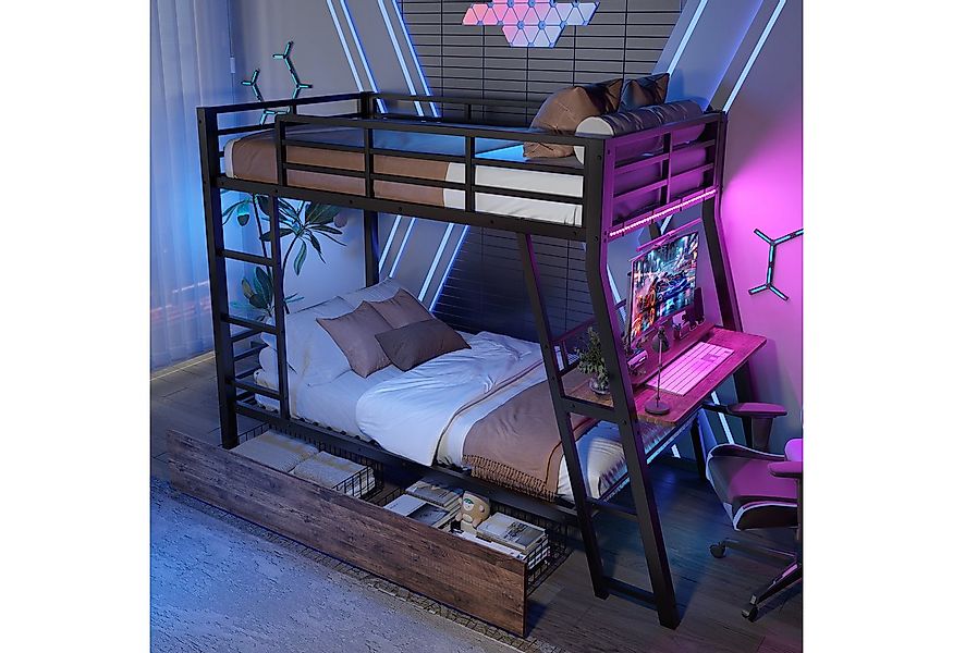 Flieks Etagenbett, LED Metallbett 90x200cm mit Rausfallschutz, Schreibtisch günstig online kaufen