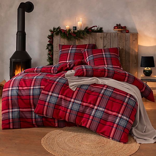 Estella Flanell Bettwäsche Hannes 4459-460 Kariert Rot Grau 135x200 günstig online kaufen