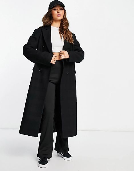 Topshop – Langer, zweireihiger Mantel in Schwarz mit gleichfarbigem Karomus günstig online kaufen