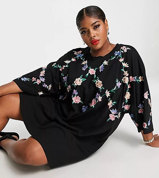 ASOS DESIGN Curve – Oversize-T-Shirt-Kleid mit Blumenstickerei im Zickzackm günstig online kaufen