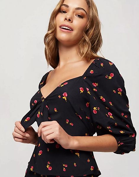 Miss Selfridge – Bluse mit Blumenprint und Bindeband-Schwarz günstig online kaufen