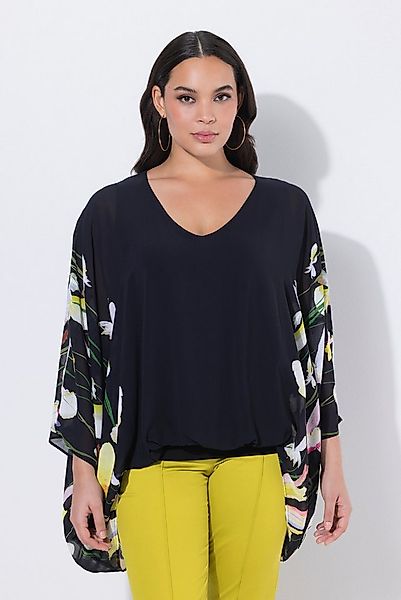 Ulla Popken Druckbluse Chiffon-Bluse doppellagig V-Ausschnitt 3/4-Arm günstig online kaufen