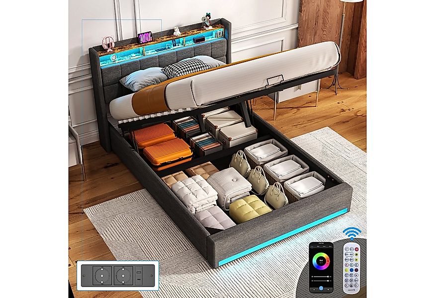 oyajia Polsterbett Doppelbett mit Stauraum gepolstertem Kopfteil (mit LED-B günstig online kaufen