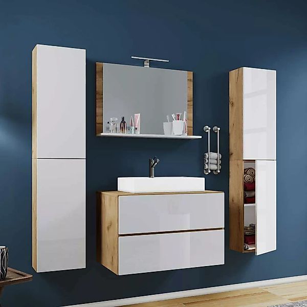 Waschplatz Set modern zweifarbig mit Hochglanz Front 150 cm hoch (vierteili günstig online kaufen