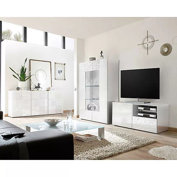 TV Wohnwand in Weiß Hochglanz Siebdruck verziert (dreiteilig) günstig online kaufen
