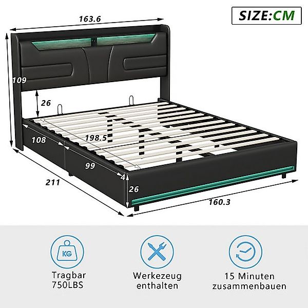 PXloue Polsterbett Doppelbett (Kopfteil mit 2 Steckdosen + USB), LED-Beleuc günstig online kaufen