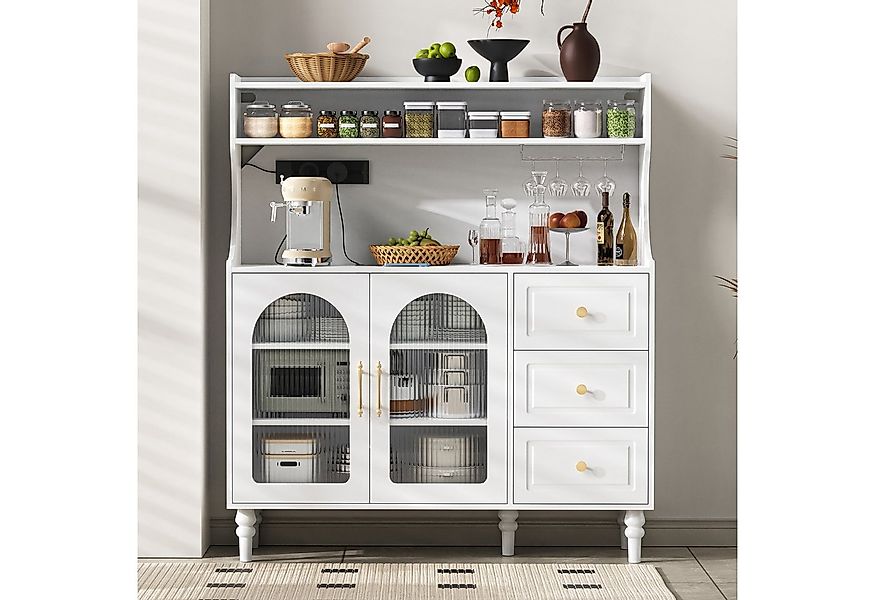 Flieks Küchenbuffet mit Steckdosen, Gläserhalter, Schubladen und Glastüren günstig online kaufen