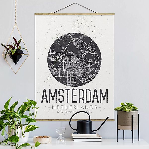 Stoffbild Karten mit Posterleisten - Hochformat Stadtplan Amsterdam - Retro günstig online kaufen
