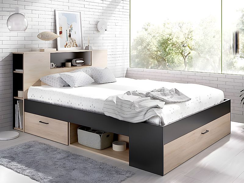 Bett mit Kopfteil, Stauraum & Schubladen + Lattenrost - 160 x 200 cm - Natu günstig online kaufen