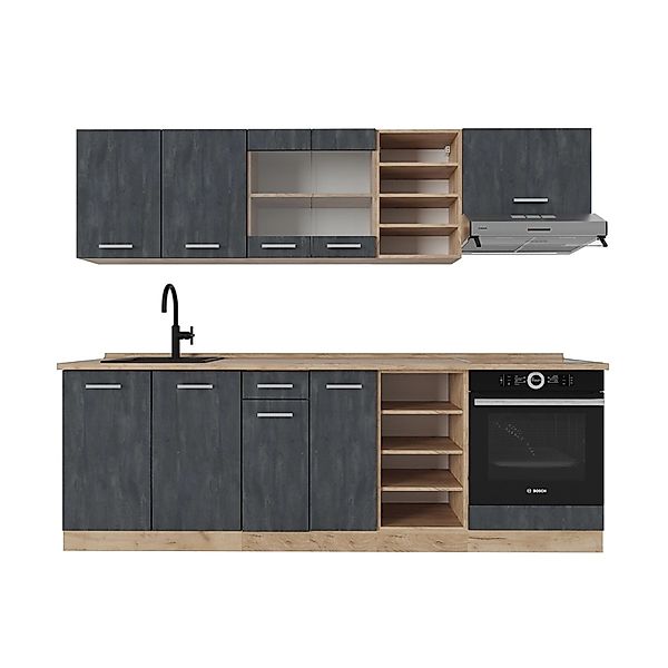 Vicco R-Line Komplettküche Schwarz Beton/Goldkraft Eiche 240 cm AP Eiche günstig online kaufen
