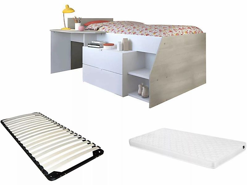 Bett 90 x 190/200 cm mit Schreibtisch & Stauraum + Matratze + Lattenrost - günstig online kaufen