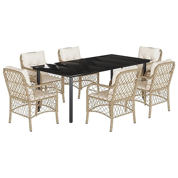 vidaXL 7-Tlg Garten-Essgruppe mit Kissen Beige Poly Rattan 3212150 günstig online kaufen