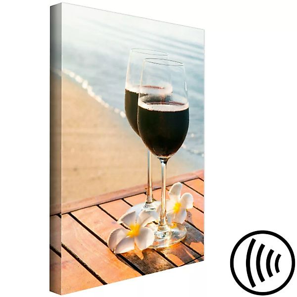 Leinwandbild Zwei Gläser Wein auf einem Holztisch - Foto am Meer XXL günstig online kaufen