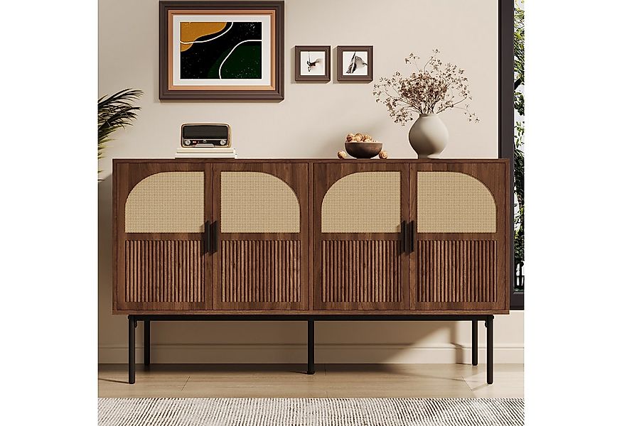 Merax Sideboard mit 4 Türen, Rattanfurnier und Walnussholz-Optik (1 St., Au günstig online kaufen