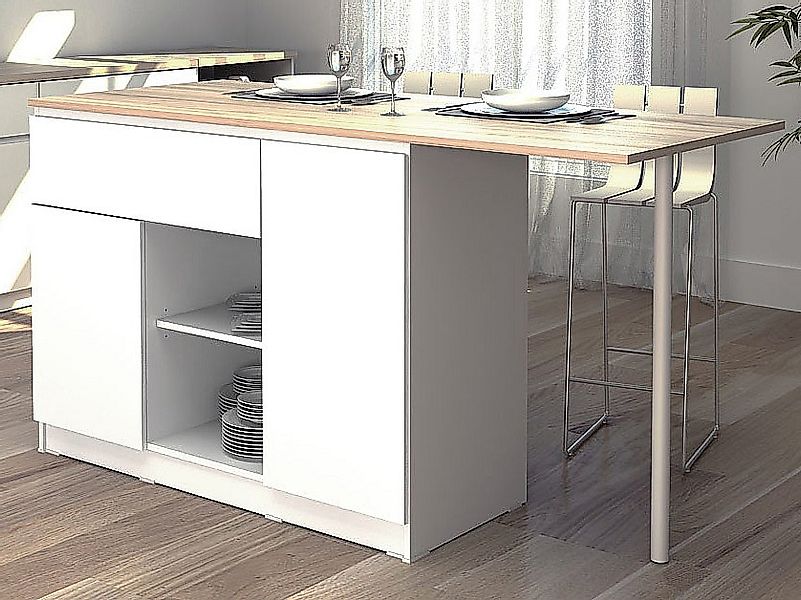 Kücheninsel mit 2 Türen, 1 Schubladen & 2 Regalfächern - Weiß & Helle Holzf günstig online kaufen