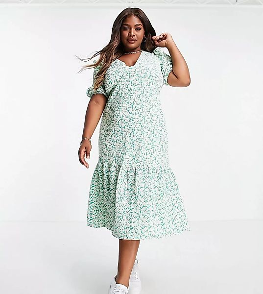 Fashion Union Plus – Maxi-Freizeitkleid in Grün geblümt mit Rüschenärmeln günstig online kaufen