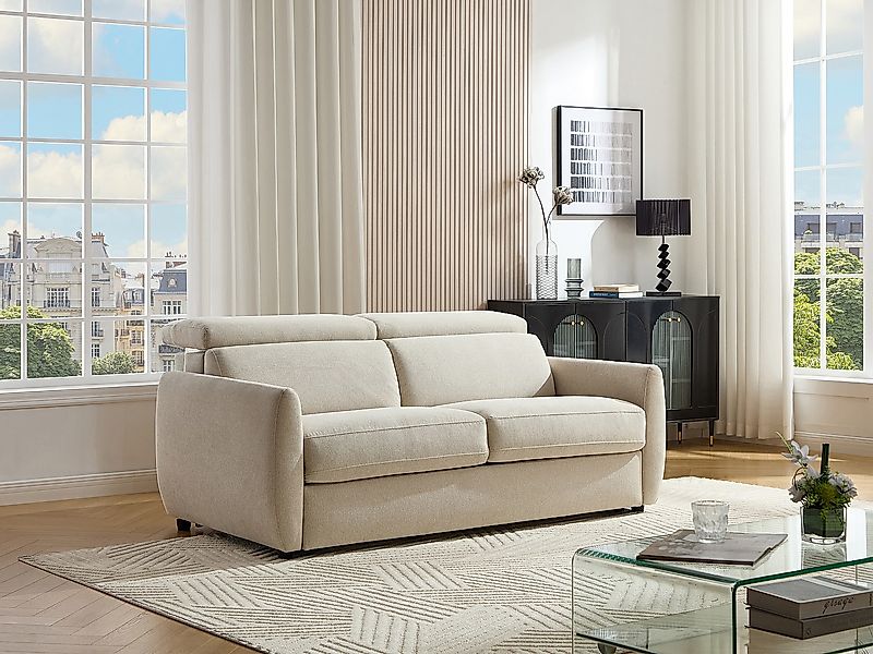 3-Sitzer-Schlafsofa mit Schlaffunktion aus beigem Stoff SOVALI günstig online kaufen