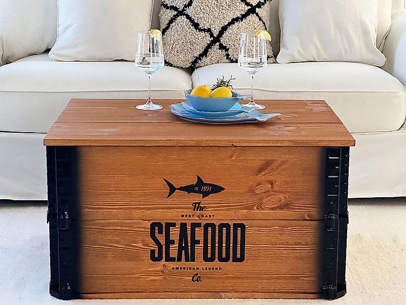 Holztruhe "Seafood" hellbraun Massivholz im Vintage-Look günstig online kaufen