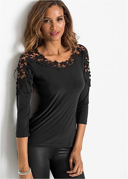 bonprix T-Shirt "Shirt mit Häkeleinsatz und 3/4 Arm" Slim Fit Passform, 3/4 günstig online kaufen