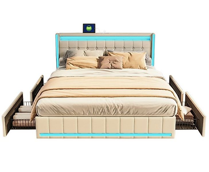 FUROKOY Stauraumbett Polsterbett Doppelbett mit LED-Beleuchtung und 4 Schub günstig online kaufen