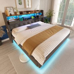 OKWISH Polsterbett mit LED-Beleuchtung, Kopfteil und günstig online kaufen