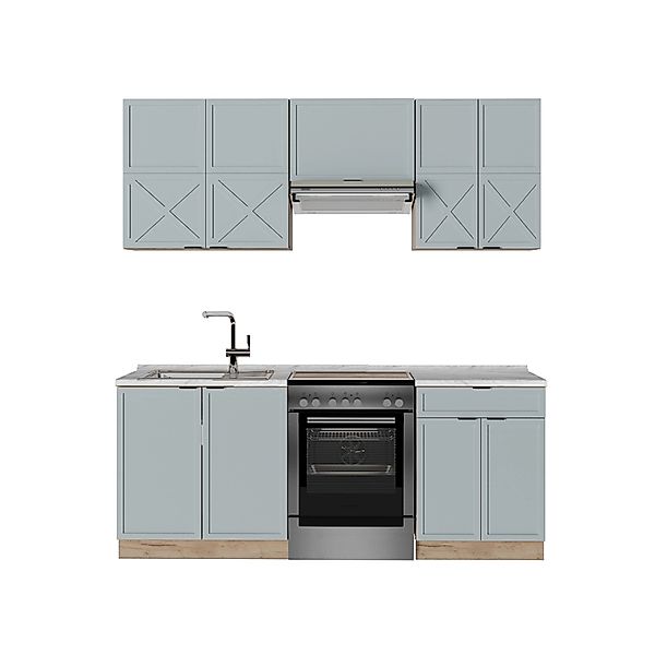 Vicco Fame-Line Küchenzeile Hellblau-grau/Goldkraft Eiche 200 cm AP Marmor günstig online kaufen