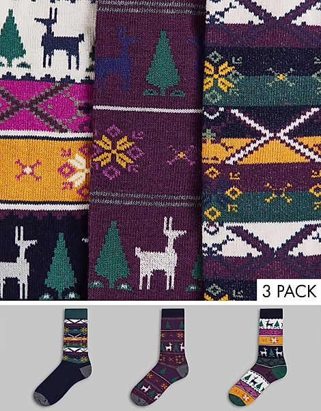 ASOS DESIGN – 3er-Pack Socken mit weihnachtlichem Norwegermuster und Rentie günstig online kaufen