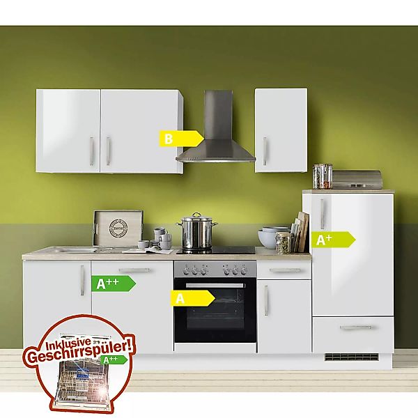 Küchezeile MANCHESTER-87 mit Geräten Premium Weiss Hochglanz 270 cm inklusi günstig online kaufen