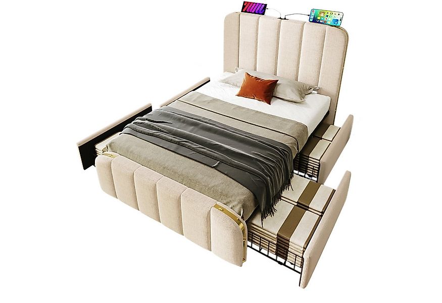 BlingBin Polsterbett Schubladenbett (1-tlg., Doppelbett mit goldenen Zierst günstig online kaufen