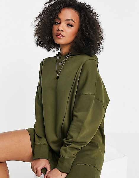 ASOS DESIGN – Oversize-Sweatshirtkleid in Khakigrün mit Kapuze und Ziernaht günstig online kaufen