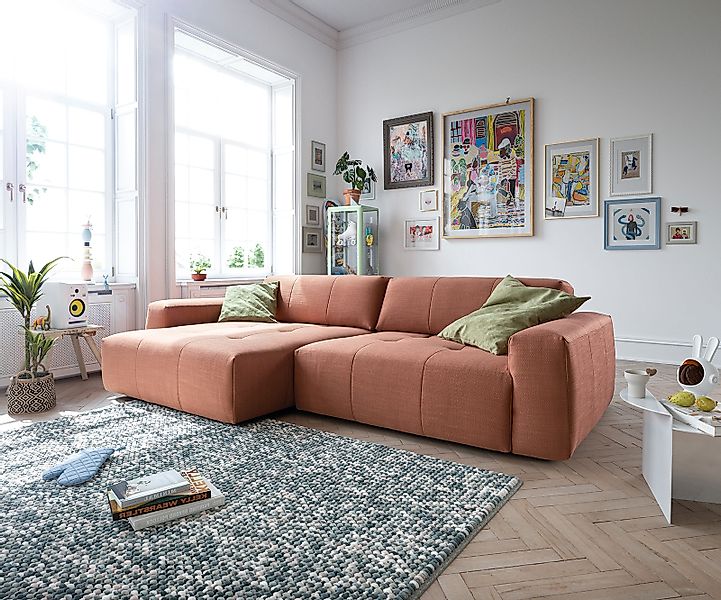 Ecksofa Lazaro 300x160 cm Flachgewebe Orange Ottomane links mit Sitztiefenv günstig online kaufen