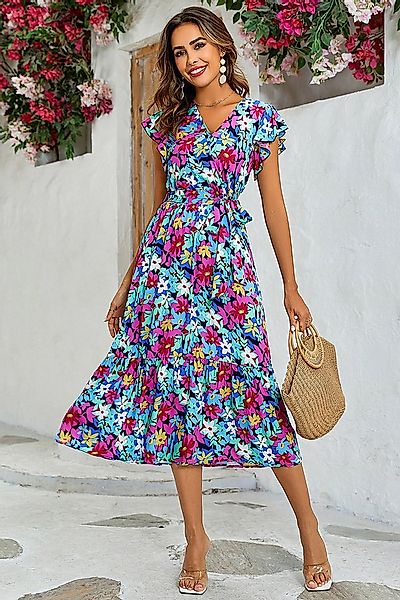 FS Collection Wickelkleid Damen Wickelkleid Midi V-Ausschnitt Sommer Blumen günstig online kaufen