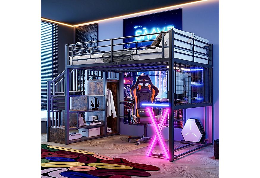 Flieks Hochbett LED Metallbett 140x200 mit Schreibtisch Kleiderschrank Stau günstig online kaufen