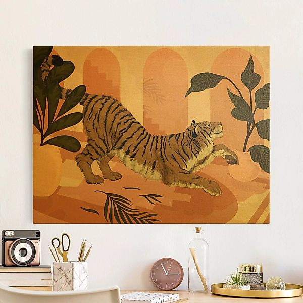 Leinwandbild Gold Illustration Tiger in Pastell Rosa Malerei günstig online kaufen