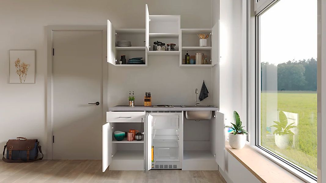 Flex-Well Exclusiv Singleküche Joelina 150 cm Weiß matt - Beton Grau günstig online kaufen