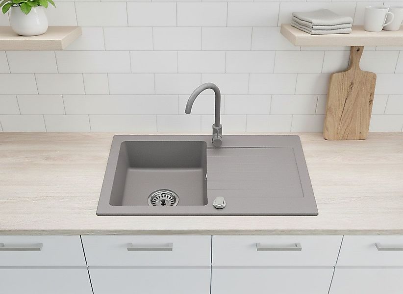 Faizee Möbel Granitspüle Granitspüle 76 cm Grau Mit passender Armatur Kompl günstig online kaufen