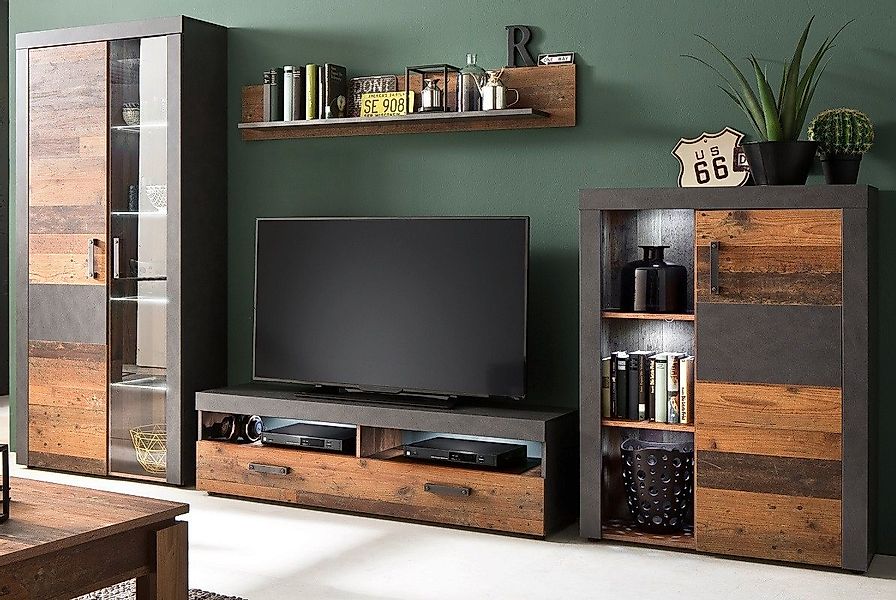 trendteam Wohnwand Wohnwand Indy, Old Used Wood / Matera grau, 4-teilig, Sh günstig online kaufen