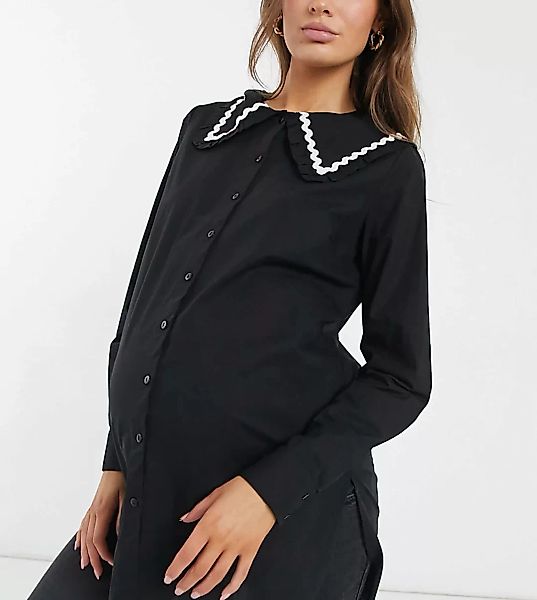 Pieces Maternity – Longline-Hemd mit auffälligem Kragen in Schwarz günstig online kaufen