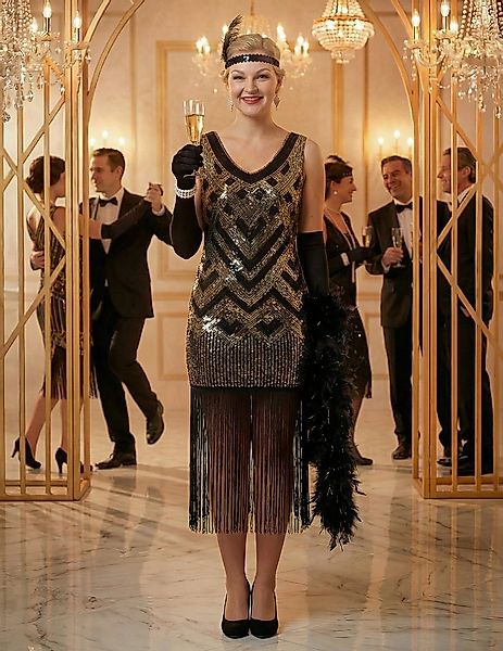 Wilbers Kostüm Charleston Kleid Damen Gold Pailletten Schwarz Luxus günstig online kaufen