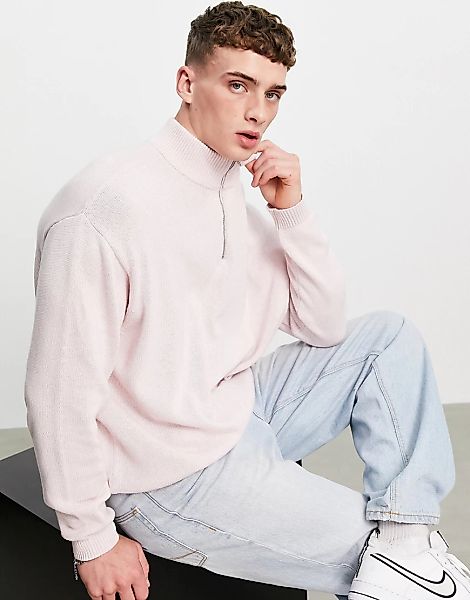 ASOS DESIGN – Mittelschwerer Oversize-Pullover in Rosa mit kurzem Reißversc günstig online kaufen