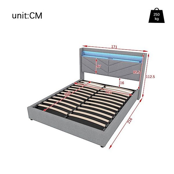 Flieks Polsterbett, LED Hydraulisches Doppelbett 160x200cm mit USB-Laden un günstig online kaufen
