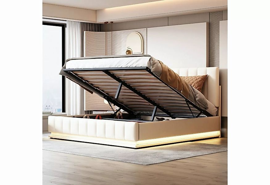 OKWISH Polsterbett Doppelbett (160 x 200 cm mit LED, Metalllattenrost & Bet günstig online kaufen