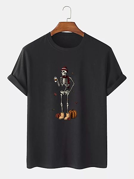 Herren 100% Baumwolle Halloween Skeleton Pumpkin Print Lässige Kurzarm-T-Sh günstig online kaufen