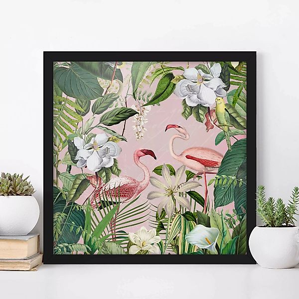 Bild mit Rahmen Tropische Flamingos mit Pflanzen in Rosa günstig online kaufen