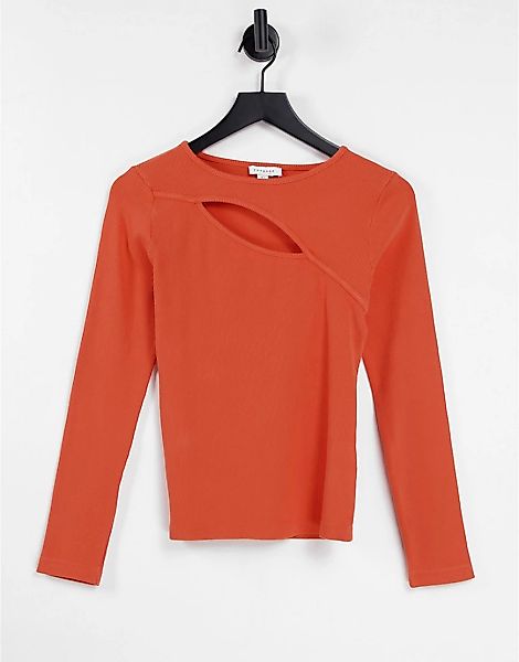 Topshop – Langärmliges Shirt aus kompaktem Rippstoff in Orange mit Zierauss günstig online kaufen