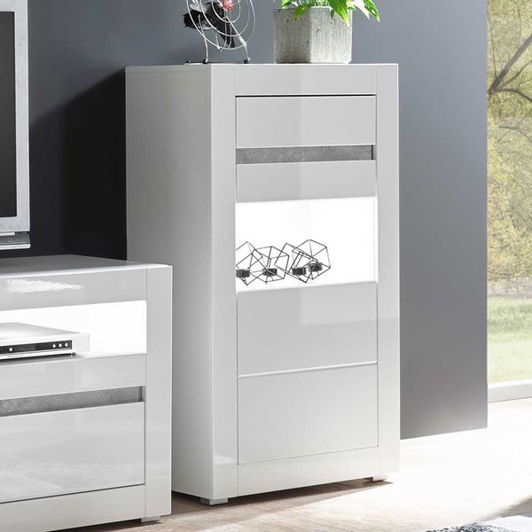 Wohnwand Vitrine in Hochglanz Weiß und Beton Grau modern günstig online kaufen