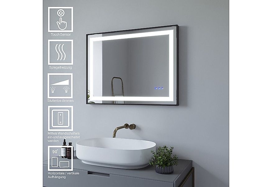 AQUALAVOS Badspiegel Badspiegel mit LED Licht Schwarzer Rahmen Antibeschlag günstig online kaufen