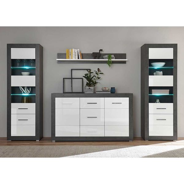 Wohnzimmer Anbauwand in Weiß Hochglanz und Beton Grau Sideboard (vierteilig günstig online kaufen